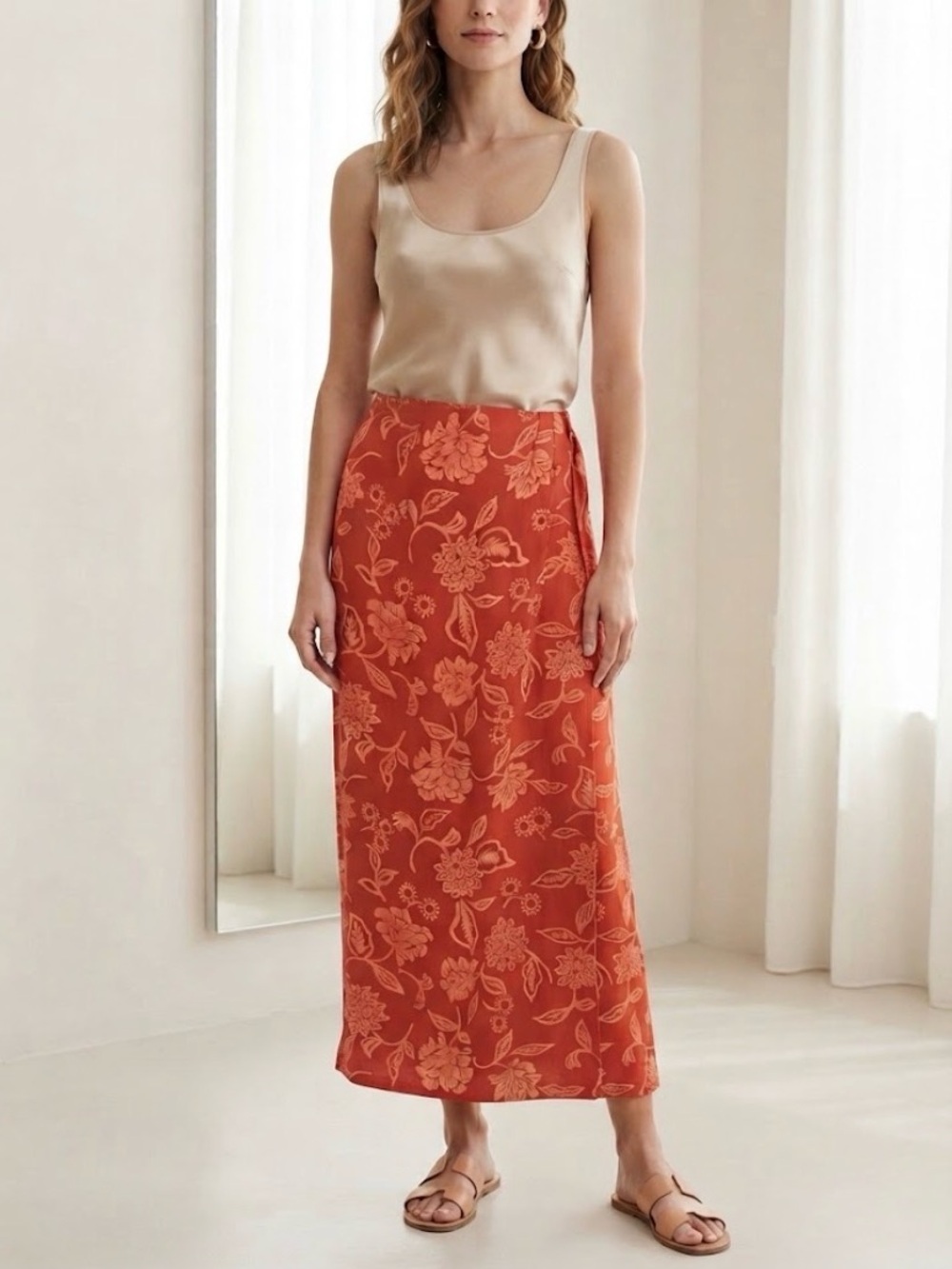Vintage Josephine Chaus Red Floral Silk Midi Skirt | Size 6